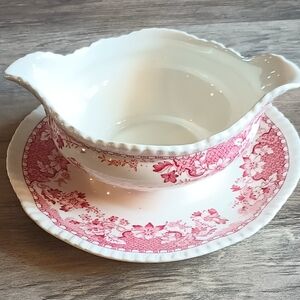 Vtg Seaforth Woods Gravy Boat W Attached Underplate Burslem England Pink Rope